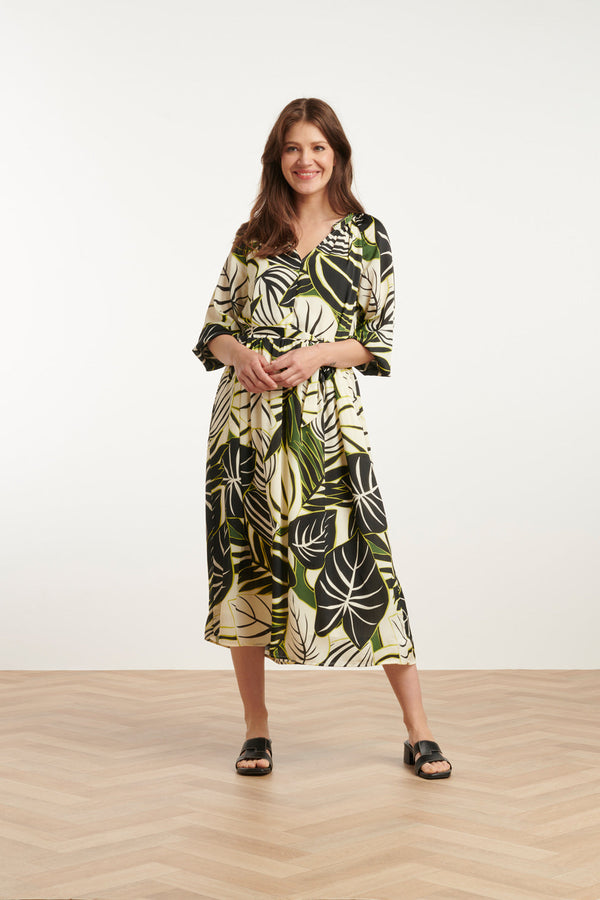 smashed lemon 25070 Leaf Print Chiffon Midi Jurk | Green-Multicolour smashed lemon 25070 Leaf Print Chiffon Midi Jurk | Green-Multicolour