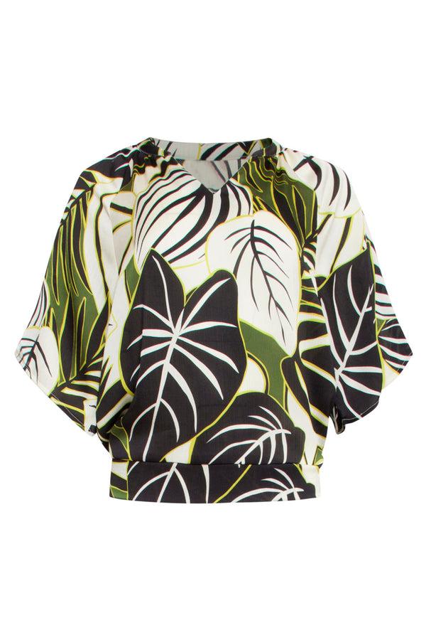 Smashed Lemon 25071 Leaf Print Chiffon Top Met V-Halsflared Mouwen | Green-Multicolour