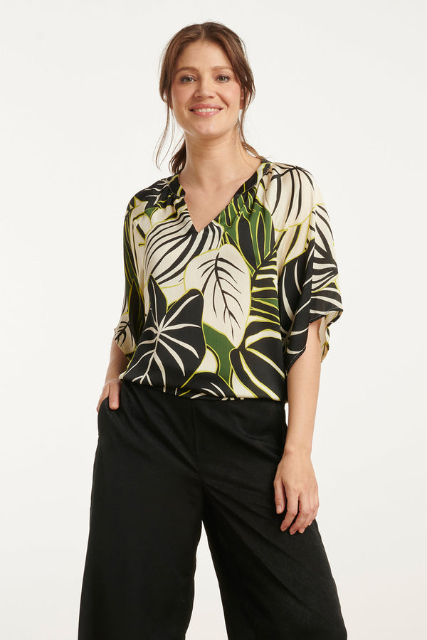 smashed lemon 25071 Leaf Print Chiffon Top Met V-Halsflared Mouwen | Green-Multicolour