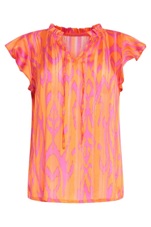 Smashed Lemon 25074 Chiffon Frilly Top Met Aztec Print | Orange-Pink