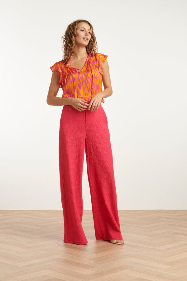 Smashed Lemon 25074 Chiffon Frilly Top Met Aztec Print | Orange-Pink