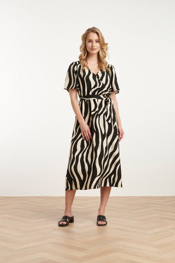 smashed lemon 25077 Midi Jurk Met Zebrastijl Print | Offwhite-Black