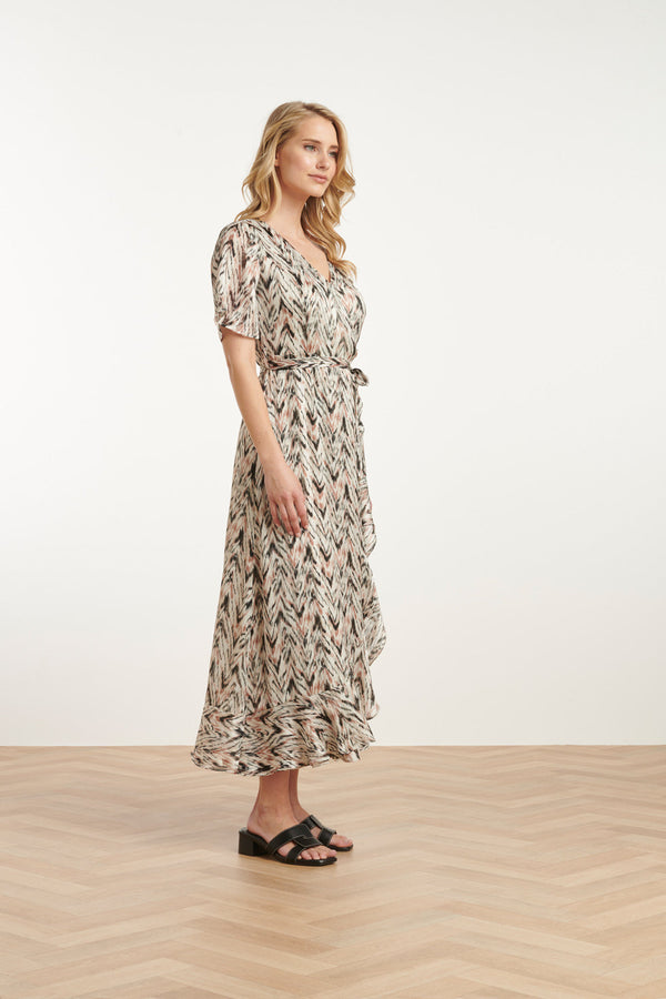 Smashed Lemon 25078 Chiffon Overlap Maxi Jurk Met Graphic Print | Off-White-Multicolour