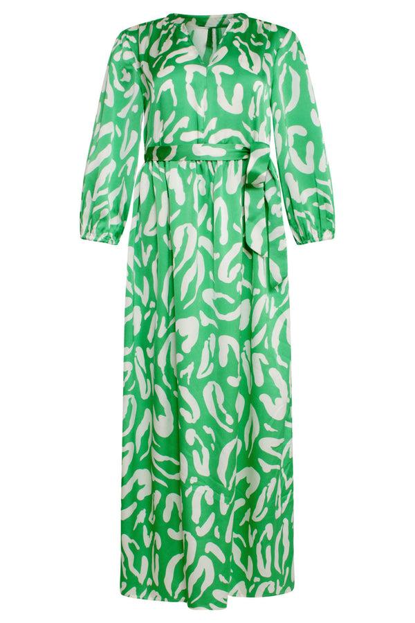 Smashed Lemon 25082 Satin Maxi Jurk Met Te Dierenprint | Green-White