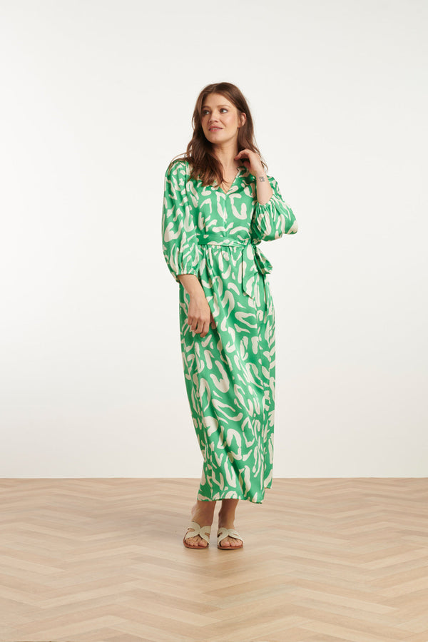 Smashed Lemon 25082 Satin Maxi Jurk Met Te Dierenprint | Green-White