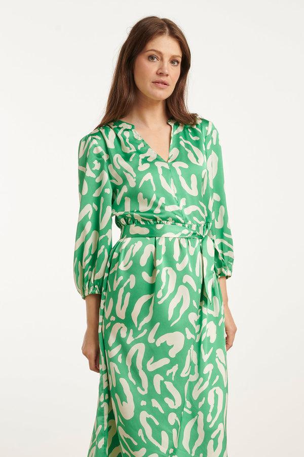 Smashed Lemon 25082 Satin Maxi Jurk Met Te Dierenprint | Green-White