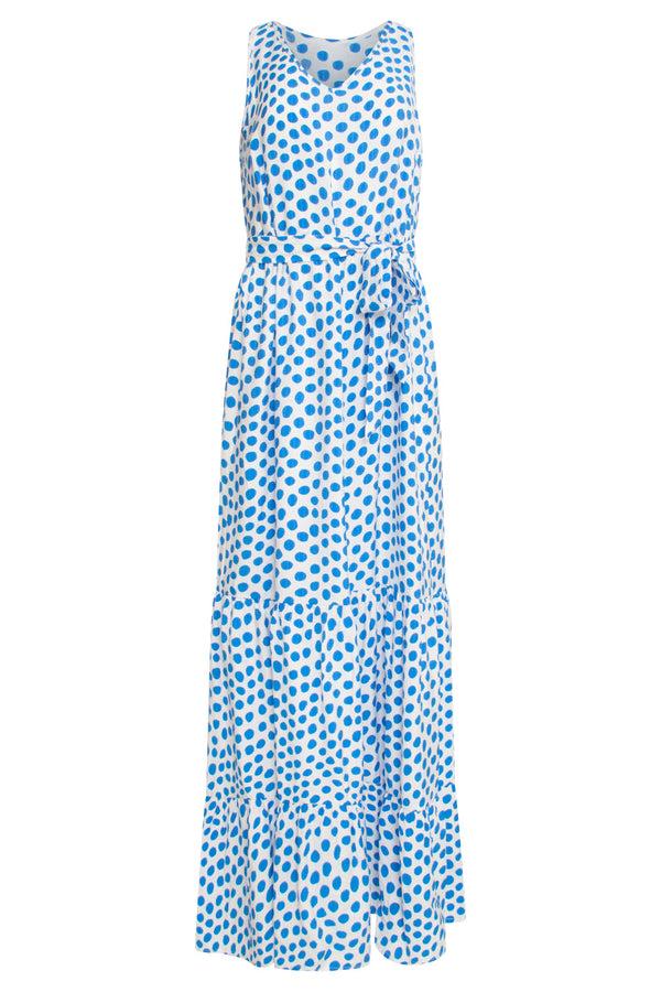 Smashed Lemon 25084 Maxi Jurk Met Kobalt Polka Dot Print | White-Cobalt Blue