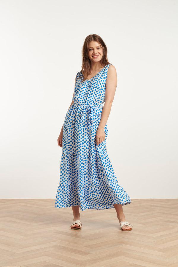 Smashed Lemon 25084 Maxi Jurk Met Kobalt Polka Dot Print | White-Cobalt Blue