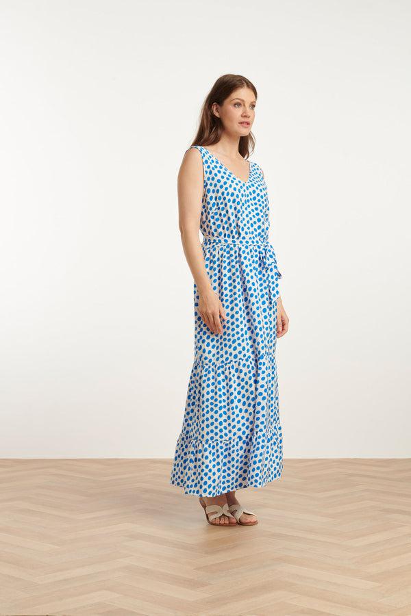 Smashed Lemon 25084 Maxi Jurk Met Kobalt Polka Dot Print | White-Cobalt Blue
