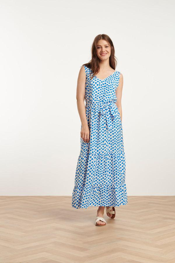 smashed lemon 25084 Maxi Jurk Met Kobalt Polka Dot Print | White-Cobalt Blue