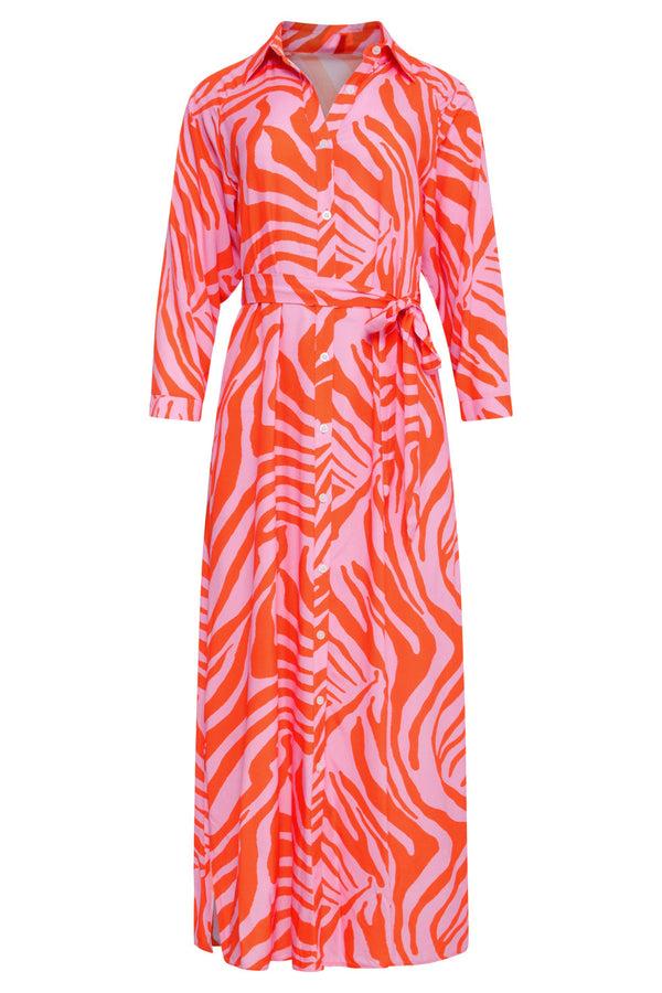 Smashed Lemon 25086 Summer Maxi Shirt Jurk Met Dierenprint | Pink-Orange