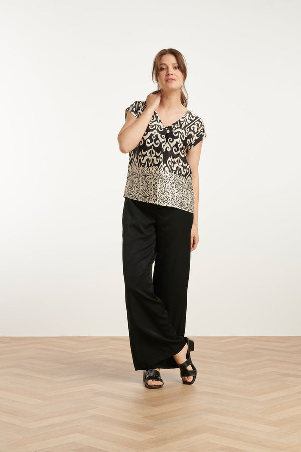 Smashed Lemon 25088 -Te Satijnen Top Met Ornamentenprint | Offwhite-Black