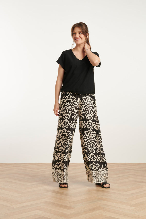 smashed lemon 25089 E Te Satijnen Ornamentele Geprinte Broek | Offwhite-Black