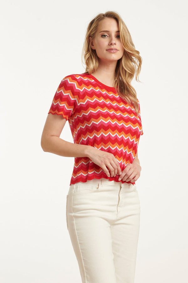 Smashed Lemon 25097 Multicoloured Zigzag Knitted Top | Red-Multicolour