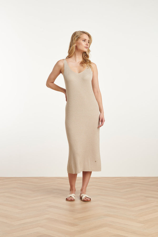 Smashed Lemon 25106 Lurex Gebreide Strappy Midi-Jurk | Sand