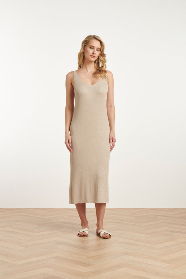 smashed lemon 25106 Lurex Gebreide Strappy Midi-Jurk | Sand smashed lemon 25106 Lurex Gebreide Strappy Midi-Jurk | Sand