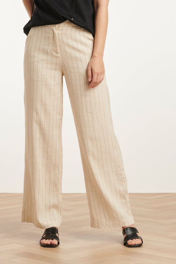 Smashed Lemon 25127 Pinstriped Linnen Trousers | Sand-Black