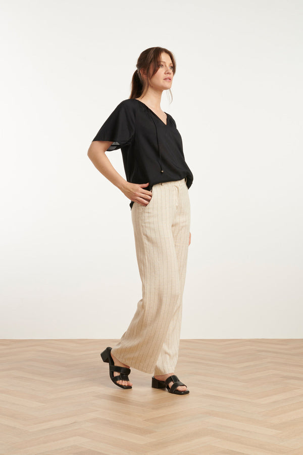 Smashed Lemon 25127 Pinstriped Linnen Trousers | Sand-Black