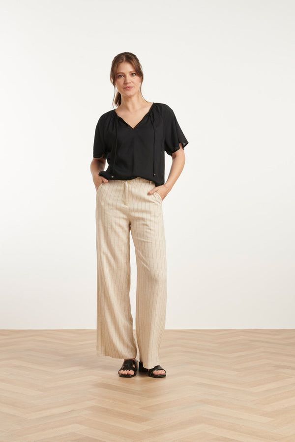smashed lemon 25127 Pinstriped Linnen Trousers | Sand-Black smashed lemon 25127 Pinstriped Linnen Trousers | Sand-Black