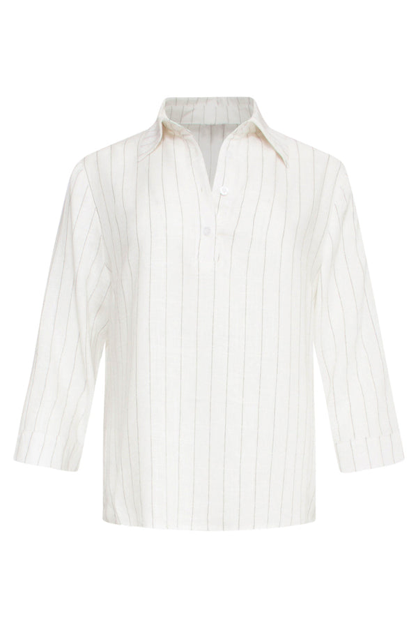 Smashed Lemon 25129 Te Pinstripe Linnen Top Met V-Hals | White-Black