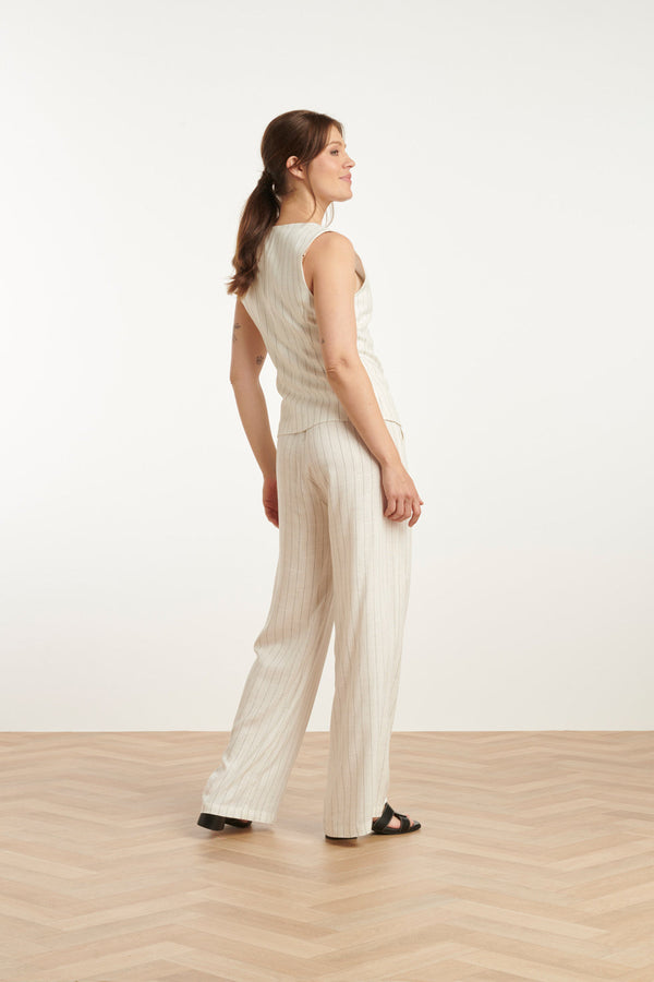 Smashed Lemon 25131 Te Pinstripe Linnen Broek | White-Black