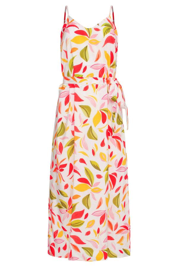 Smashed Lemon 25157 Midi Jurk Met Multi Bladprint | White-Multicolour