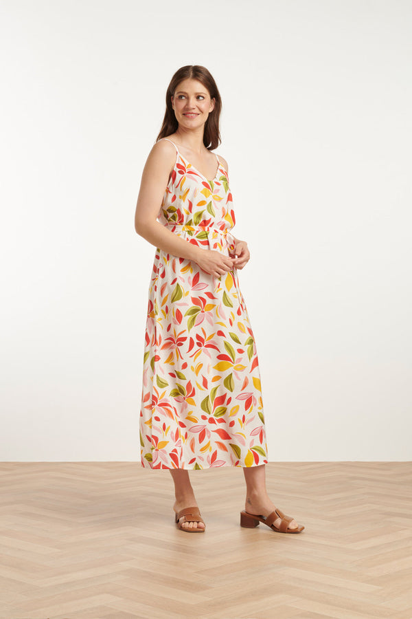 Smashed Lemon 25157 Midi Jurk Met Multi Bladprint | White-Multicolour