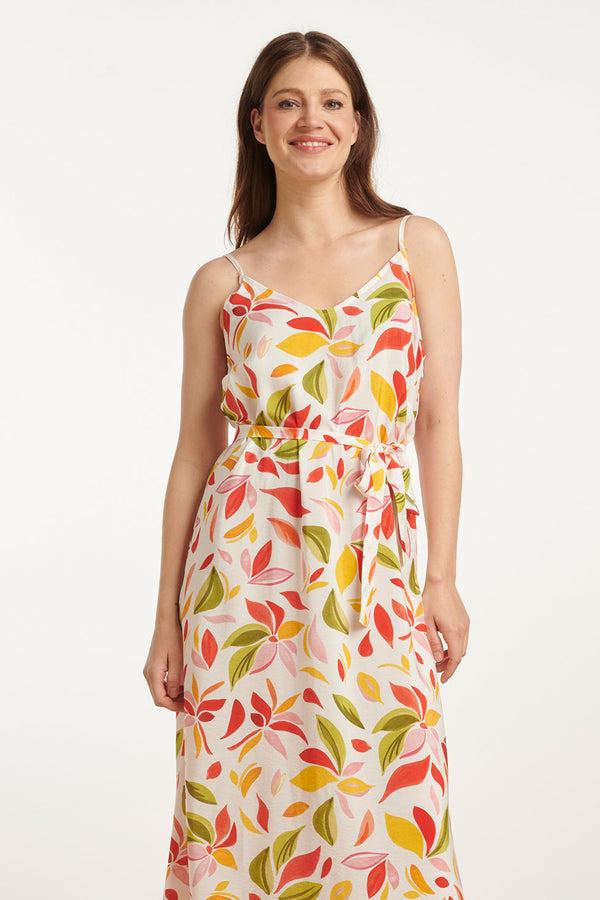 Smashed Lemon 25157 Midi Jurk Met Multi Bladprint | White-Multicolour