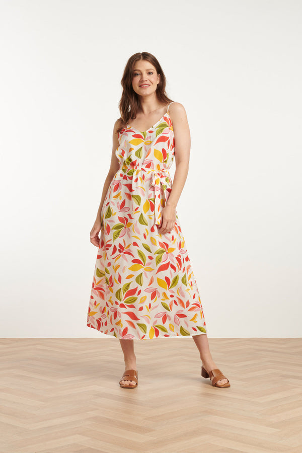 smashed lemon 25157 Midi Jurk Met Multi Bladprint | White-Multicolour