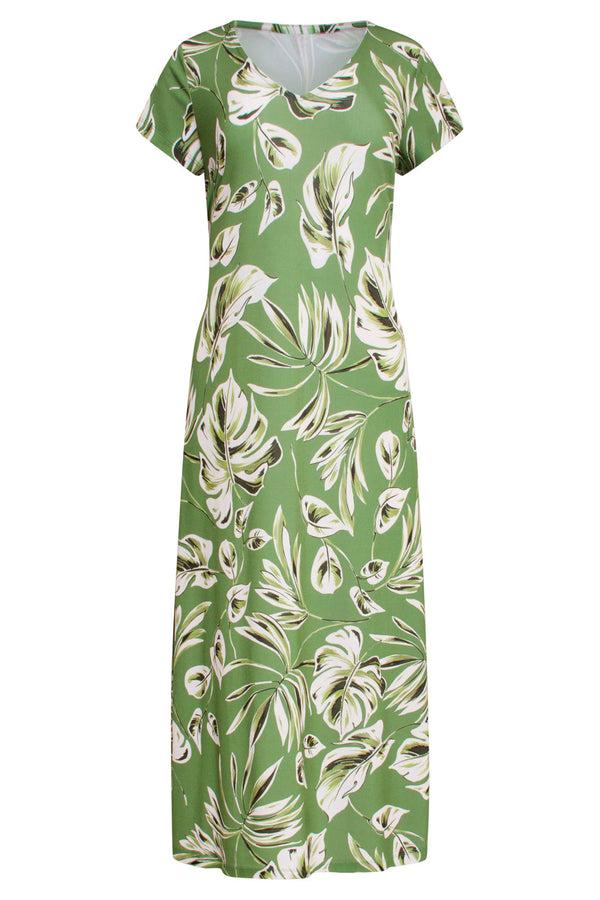 Smashed Lemon 25159 Leaf Print Stretch Midi Jurk | Army-Light Green