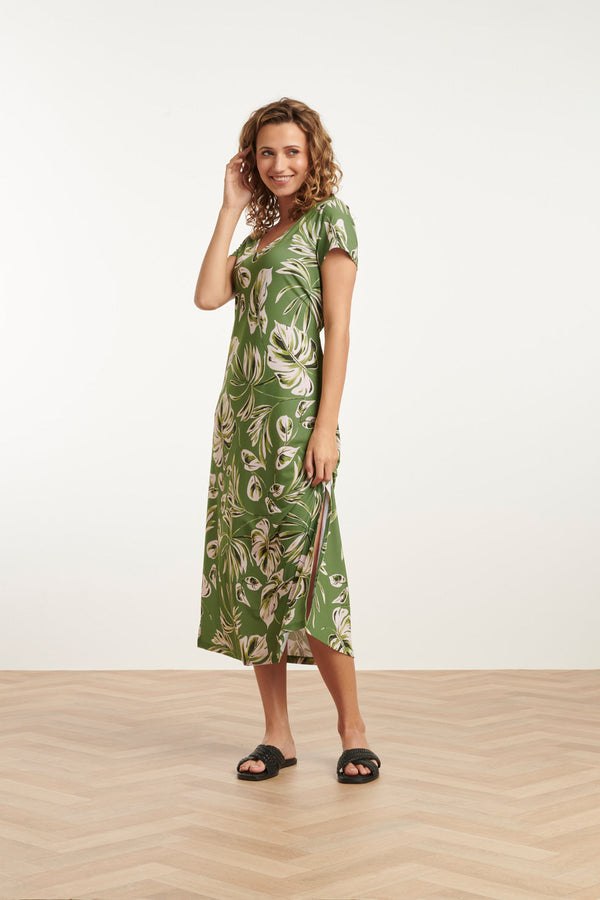 Smashed Lemon 25159 Leaf Print Stretch Midi Jurk | Army-Light Green