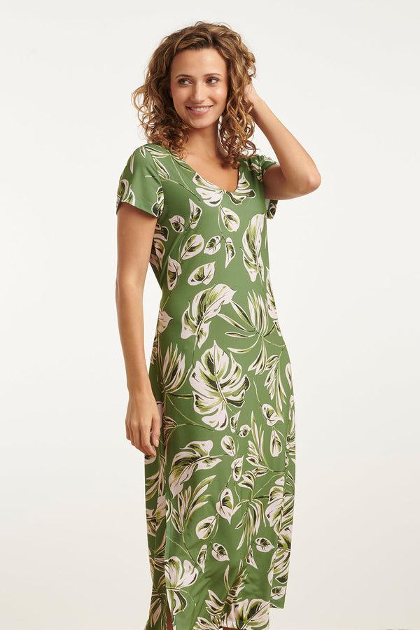 Smashed Lemon 25159 Leaf Print Stretch Midi Jurk | Army-Light Green