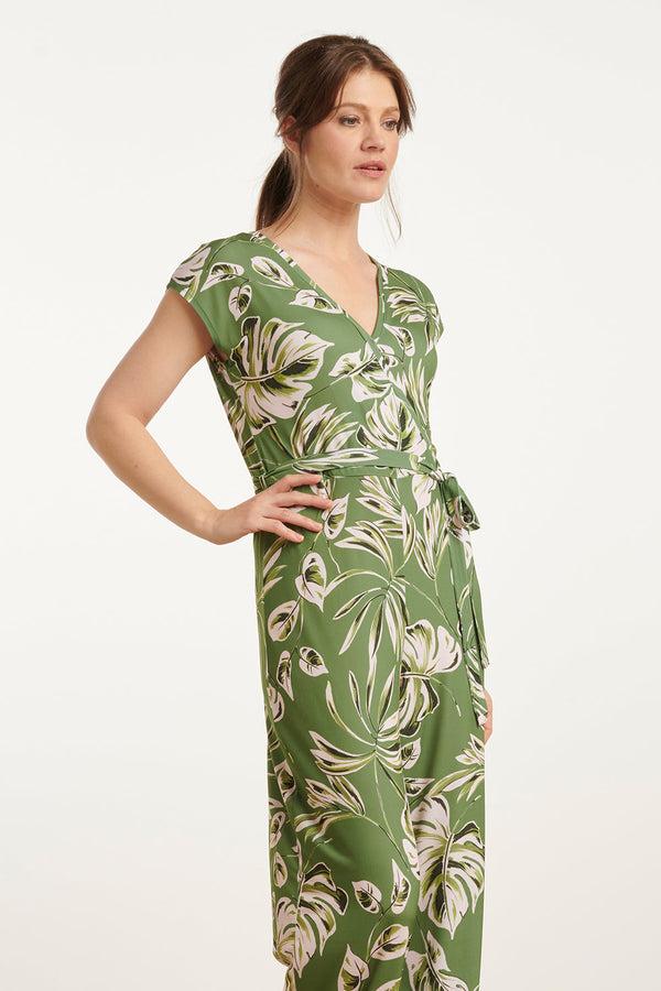 Smashed Lemon 25160 Leaf Print Stretch Jumpsuit | Army-Light Green
