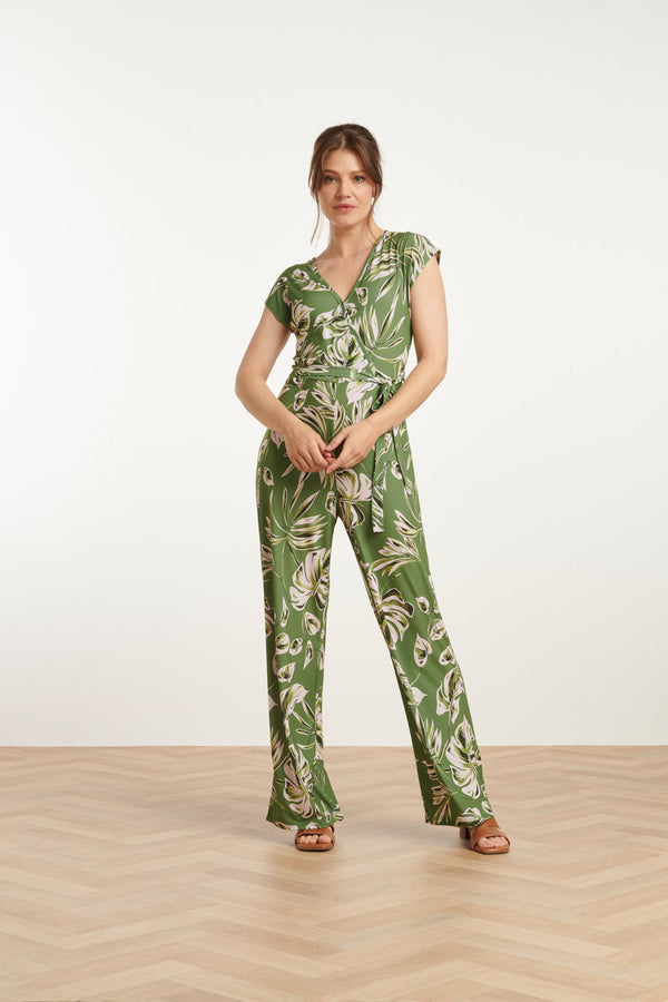 smashed lemon 25160 Leaf Print Stretch Jumpsuit | Army-Light Green
