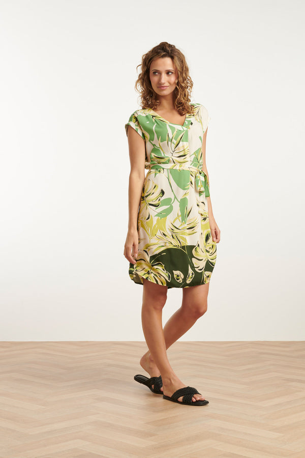 Smashed Lemon 25162 Off White Bladprint Jurk Met V-Hals | Army-Light Green