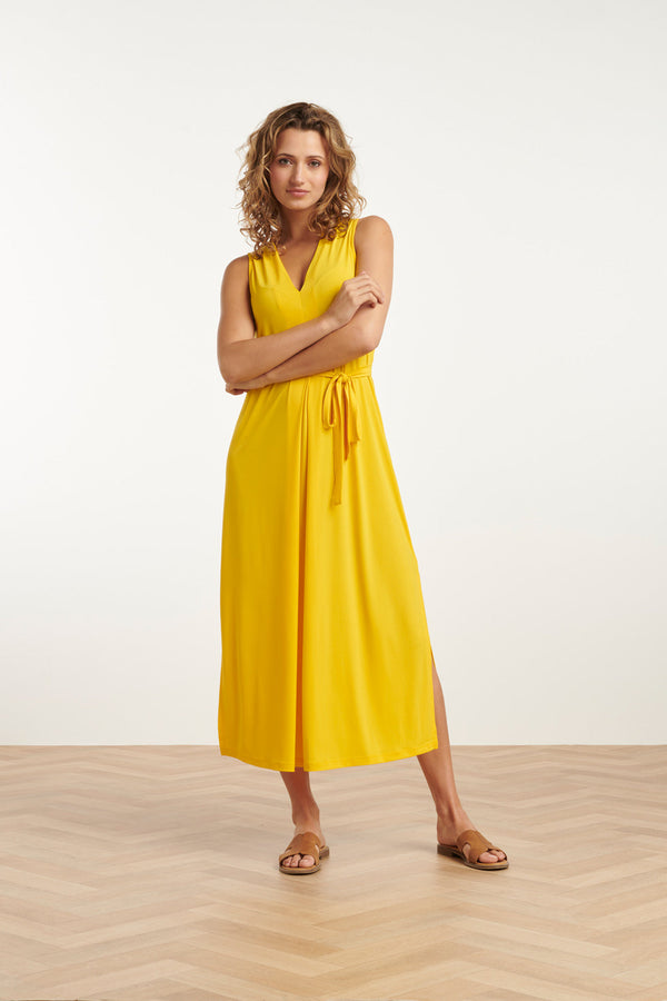 Smashed Lemon 25173 Stretch Midi Jurk Met V-Hals | Yellow