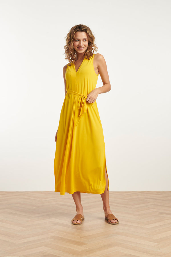 smashed lemon 25173 Stretch Midi Jurk Met V-Hals | Yellow smashed lemon 25173 Stretch Midi Jurk Met V-Hals | Yellow