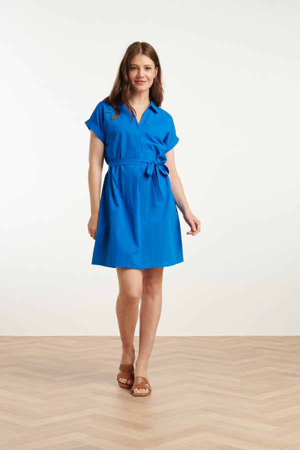 Smashed Lemon 25176 Cobalt Linnen Jurk Met Kraag | Cobalt Blue
