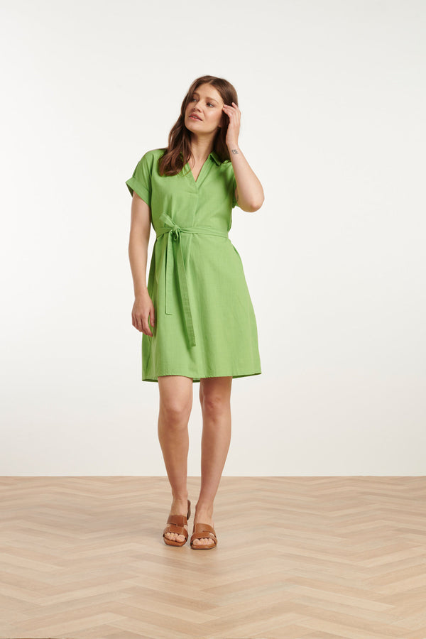 Smashed Lemon 25176 Lime Linnen Jurk Met Kraag | Light Green