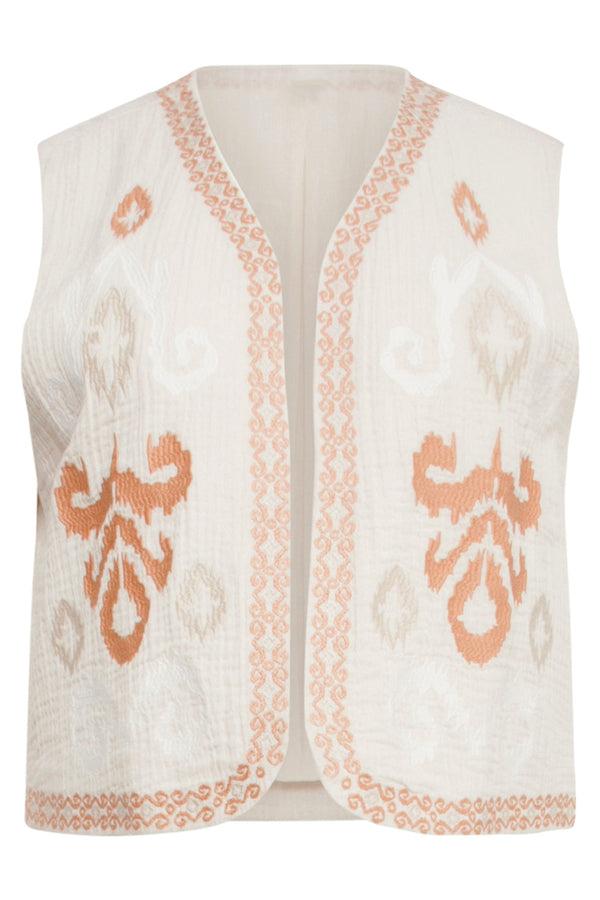 Smashed Lemon 25190 Katoenen Gilet Met Aztec Borduursels | Sand-Off White