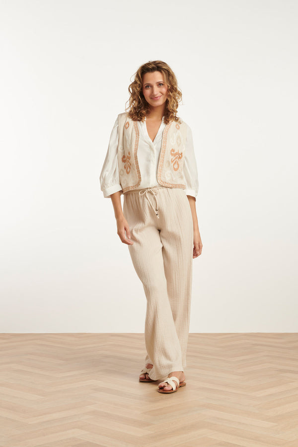 Smashed Lemon 25190 Katoenen Gilet Met Aztec Borduursels | Sand-Off White