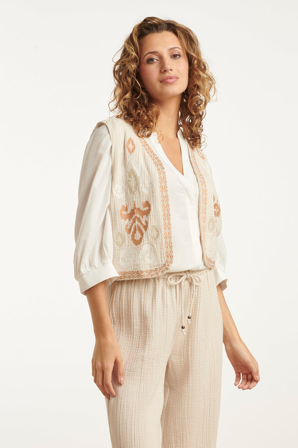 Smashed Lemon 25190 Katoenen Gilet Met Aztec Borduursels | Sand-Off White