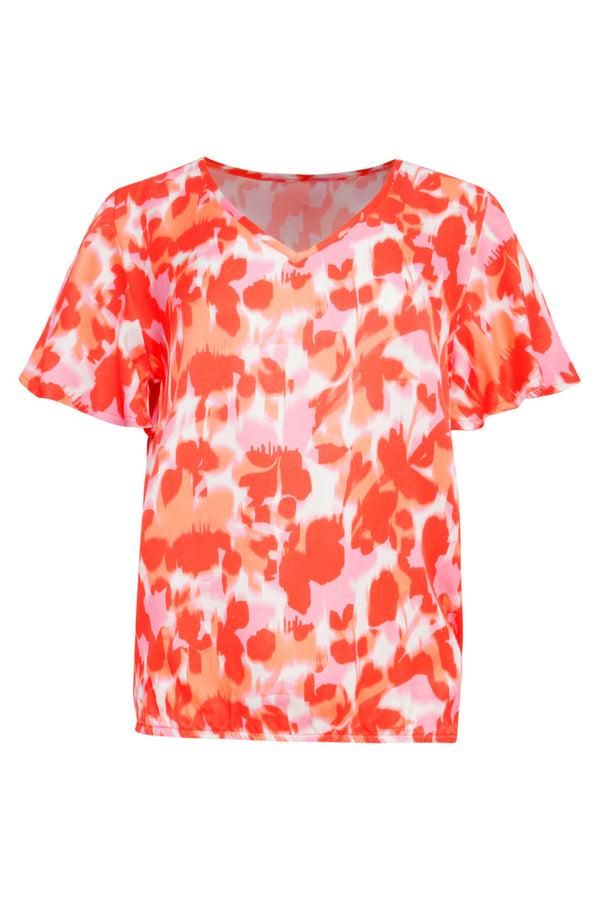 Smashed Lemon 25210 Satijnen Top Met Peach Bloemenprint | Peach-Multicolour