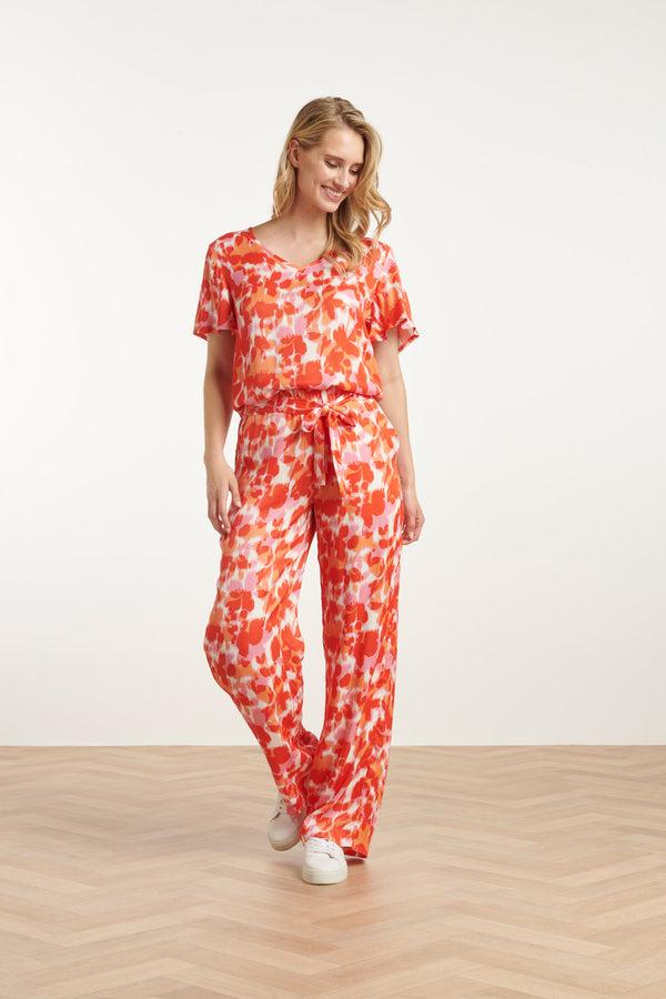 Smashed Lemon 25210 Satijnen Top Met Peach Bloemenprint | Peach-Multicolour