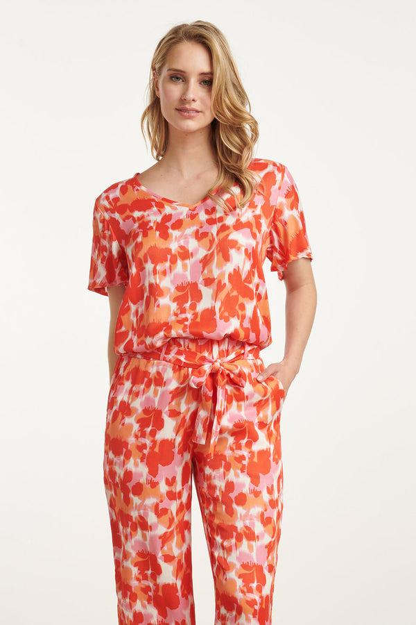 smashed lemon 25210 Satijnen Top Met Peach Bloemenprint | Peach-Multicolour