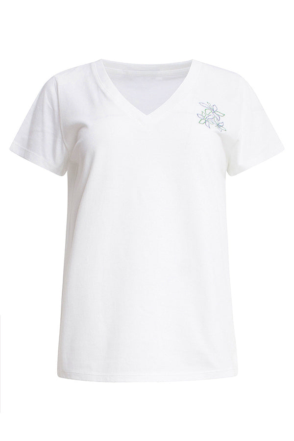 Smashed Lemon 25226 Te Katoenen T-Shirt Met Borduursel Van Cobalt Bloemen | White-Multicolour