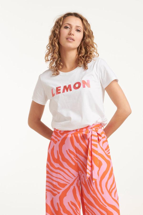 smashed lemon 25228 Te Katoenen T-Shirt Met Geborduurd Lemon Print | White-Multicolour