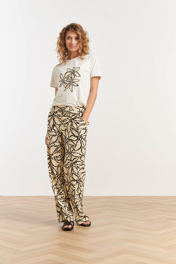 smashed lemon 25235 Wide Leg Travel Quality Broek Met E Bloemenprint | Sand-Black