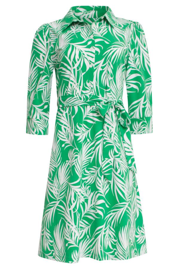 Smashed Lemon 25246 Te Jurk Met Bladerenprinttravelkwaliteit | Green-White