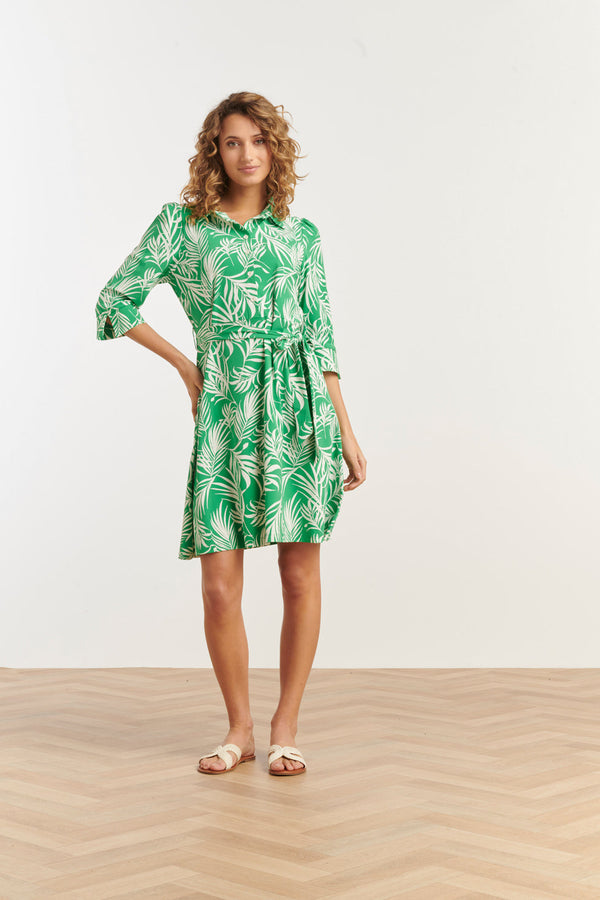 Smashed Lemon 25246 Te Jurk Met Bladerenprinttravelkwaliteit | Green-White